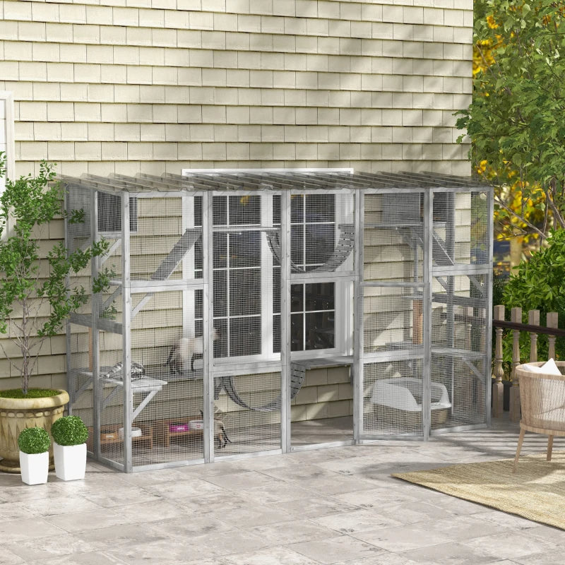 Outdoor Cat Window Box Enclosure with Shelves & Bridges - Gray