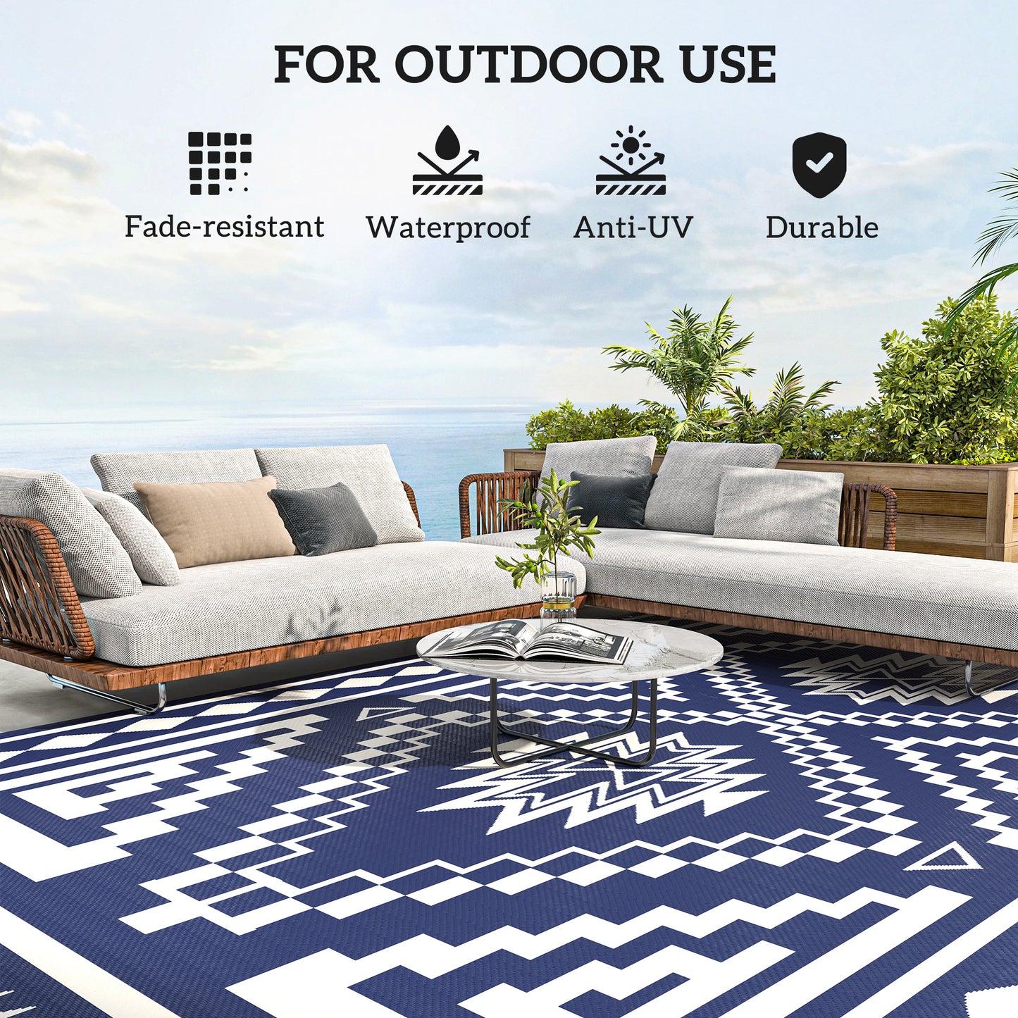 Reversible Outdoor Rug - Waterproof Blue & White Patchwork, 9' x 18' with Carry Bag
