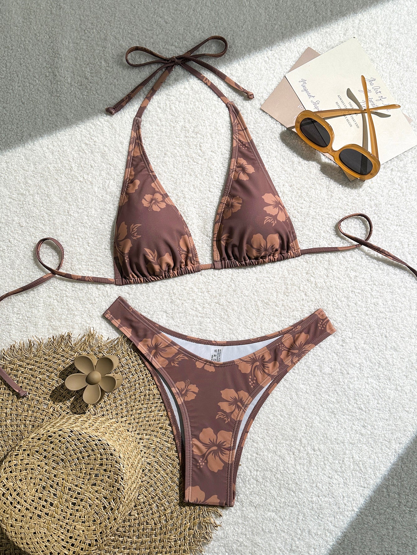 Women's Brown Hibiscus Floral Triangle Bikini Set - 2 Piece Swimsuit