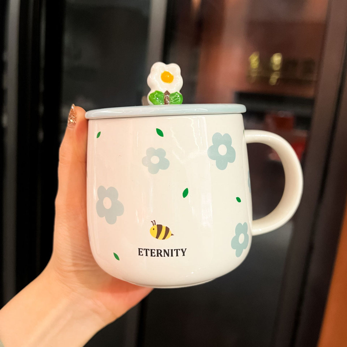Cute Girl Heart Ceramic Coffee Cup with Lid & Spoon - Blue, 301-400ml