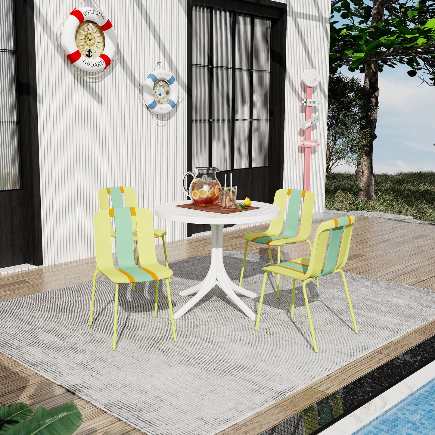 Modern Striped Color Block Chairs Set - 4-Pack with Round Table - Yellow, Orange, Green