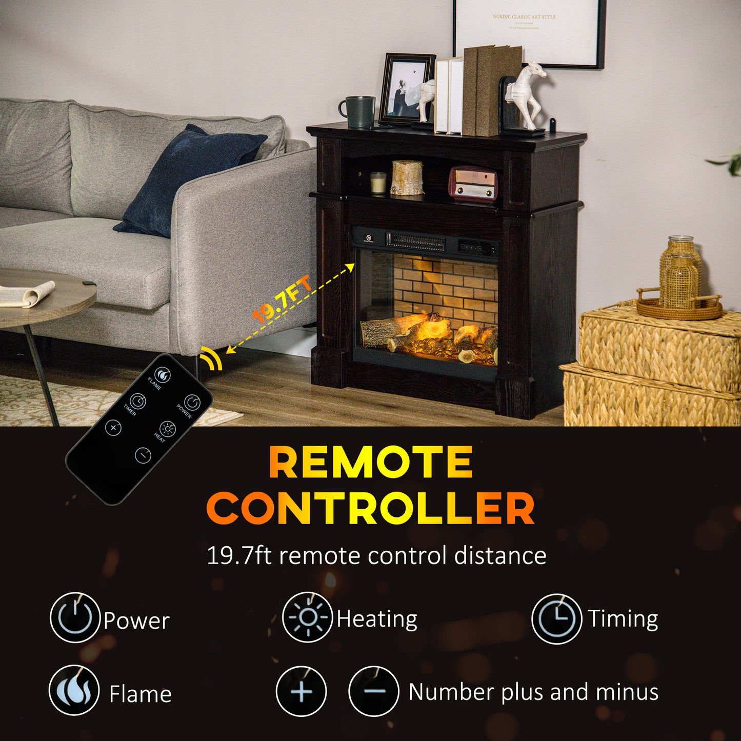 32-Inch Freestanding Electric Fireplace with Mantel, Remote Control, 1400W - Brown