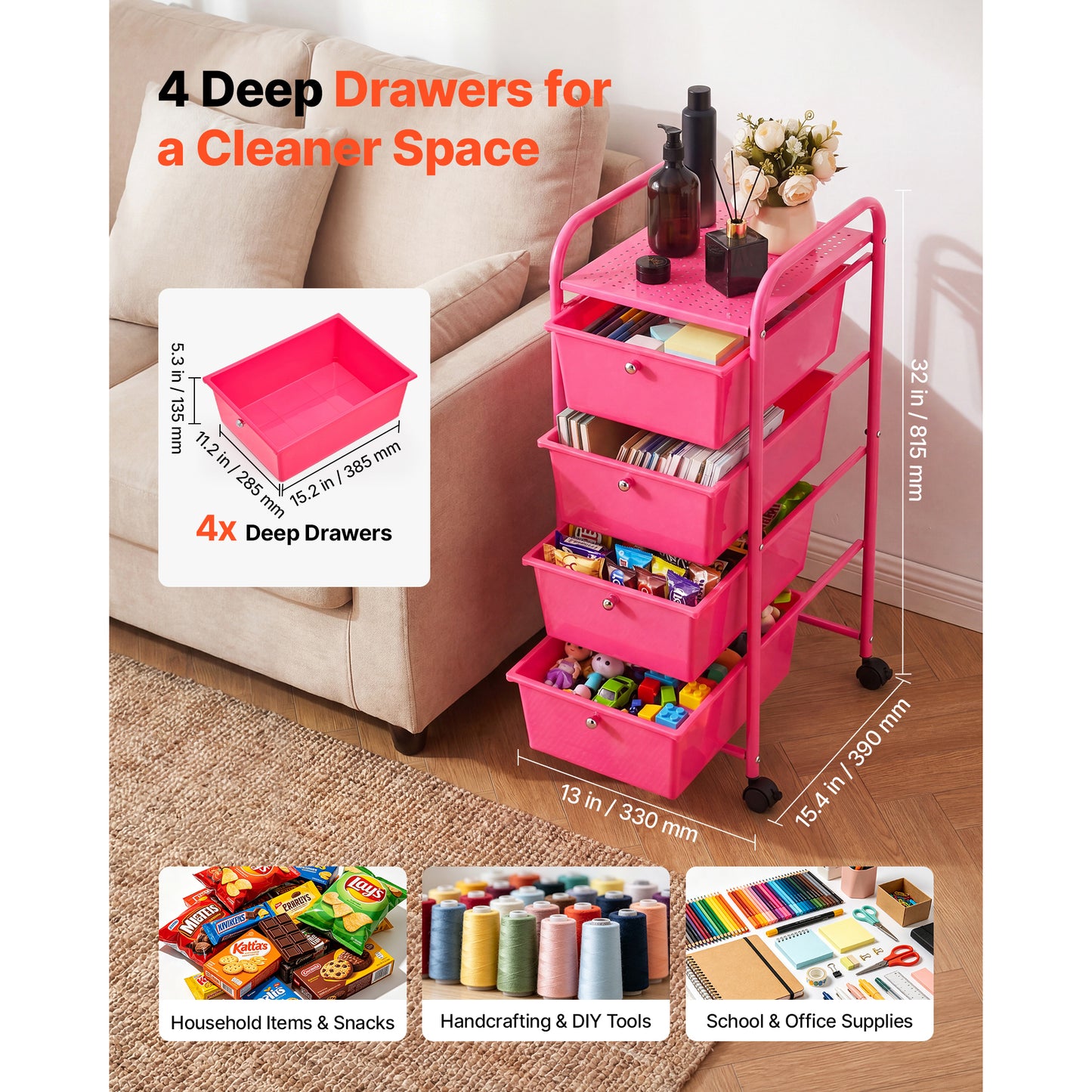 Rolling Cart with Drawers - 4 Drawer Storage Organizer on Steel Frame, Mobile Utility Cart with Casters and Brakes, for Office, Classroom, Garage, Rose Red
