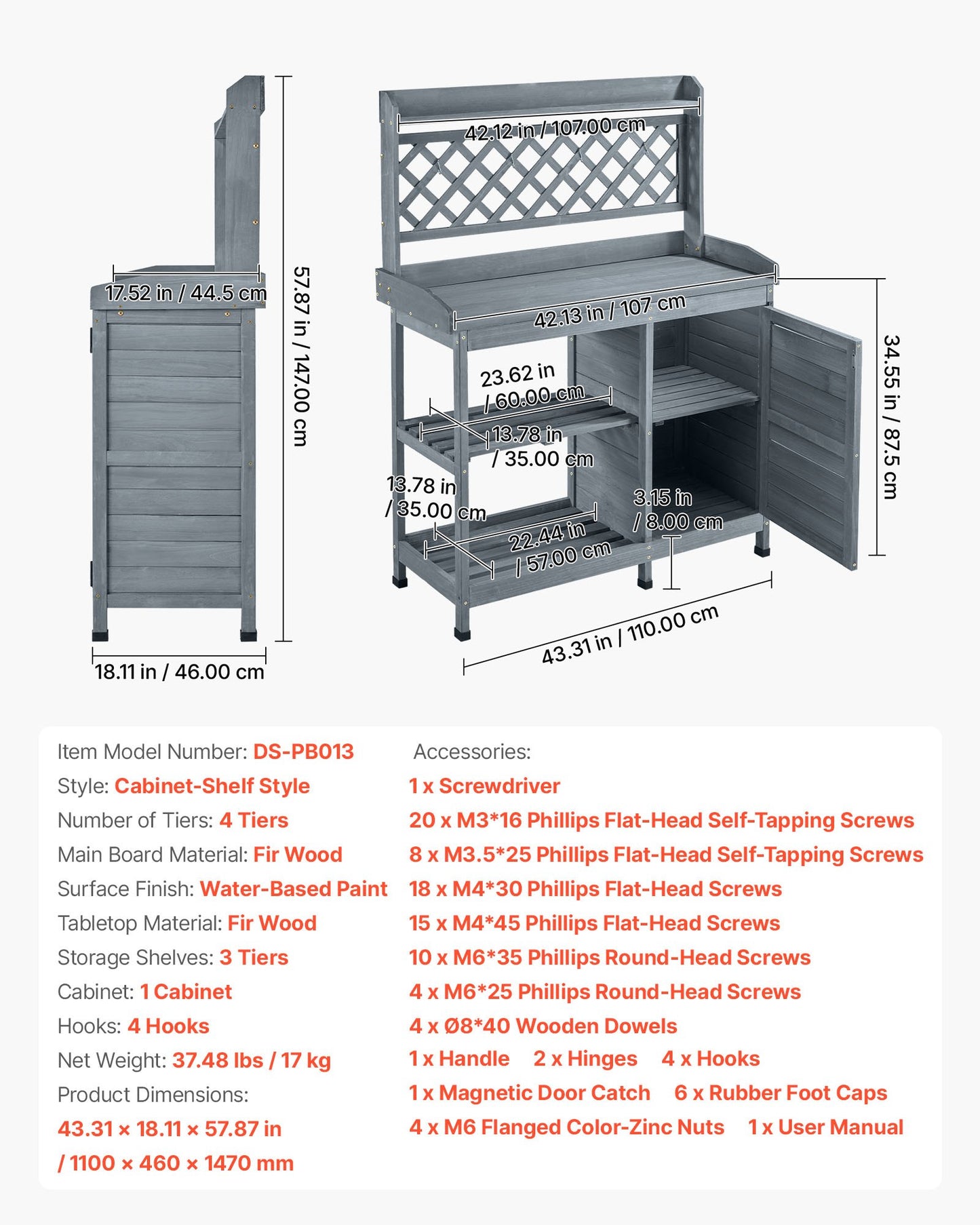 Outdoor Potting Bench Table with Storage Cabinet & Shelves - Wooden Workstation for Gardening, Gray