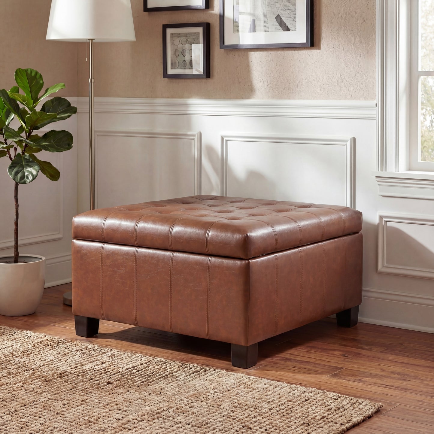 Light Brown PU Storage Ottoman with Lift-Top, 30.25" Square