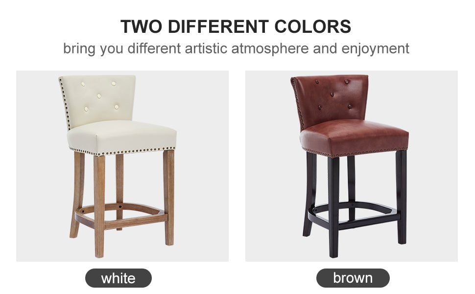 Beige Leather Bar Stools - Fixed Height Dining Chairs (2pc)