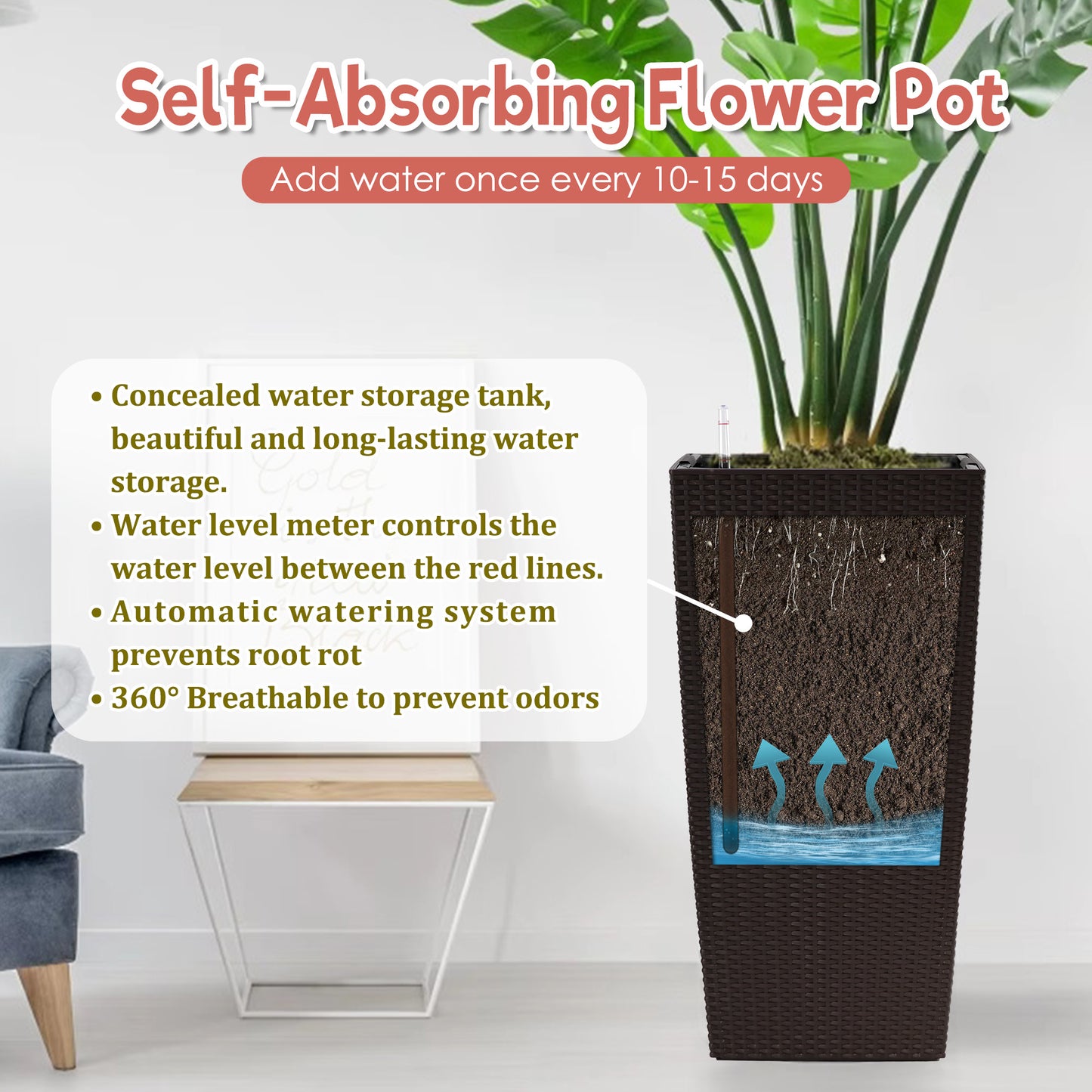 30 In Tall Large Flower Pots Planter With Self-Watering Drainage