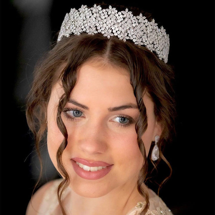 Zircon Flower Bridal Crown Headband - Silver