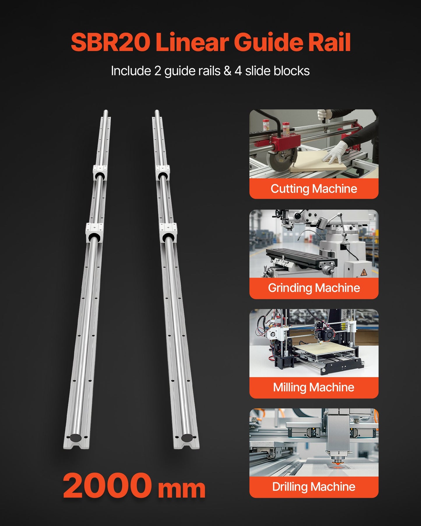 Linear Rail Kit 78.74 Inch SBR20 Guide Rails with 4 Slide Blocks for Milling and Drilling Machines