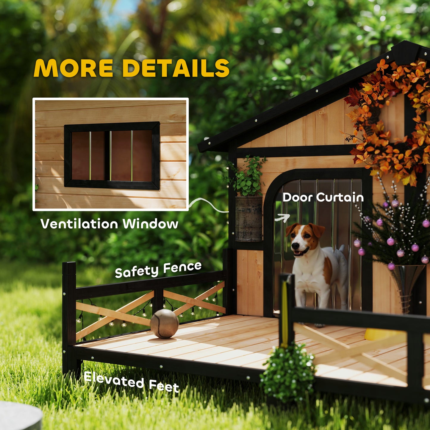 Outdoor Wooden Dog House with Porch & Removable Roof - Natural Finish