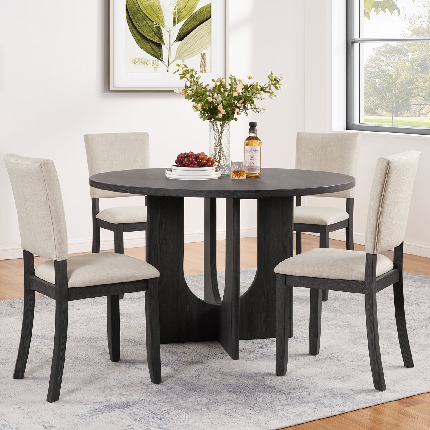 47.3" Round Dining Table Set with 4 Upholstered Chairs - Antique Black & Beige