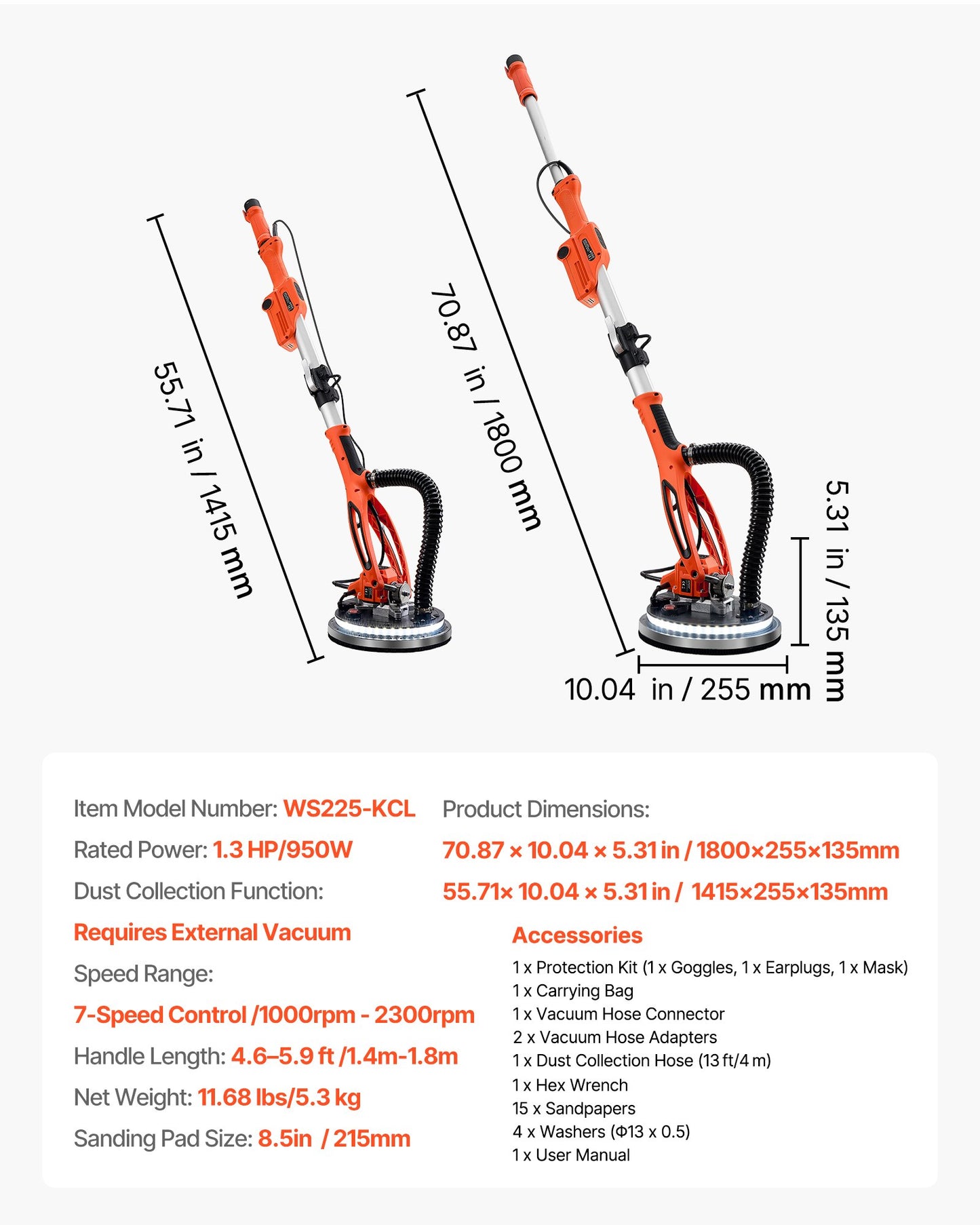 Electric Drywall Sander 950W with LED Light & Variable Speed for Ceiling & Wall Sanding - Black
