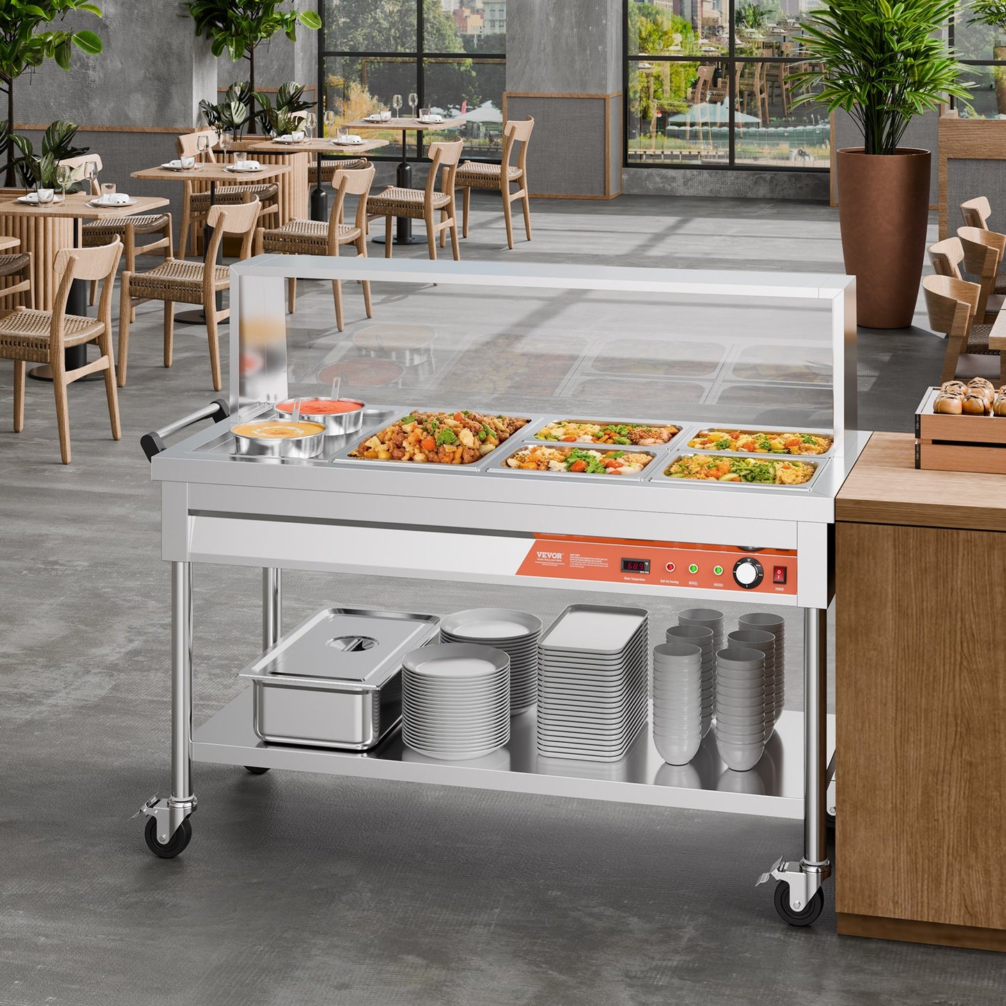 Commercial Food Warmer Steam Table with 5 Pans 2 Pots & Undershelf Shield - Silver