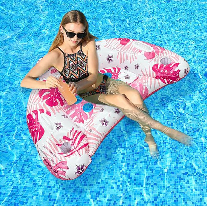 Inflatable Tropical Print Pool Lounge Float with Cup Holders