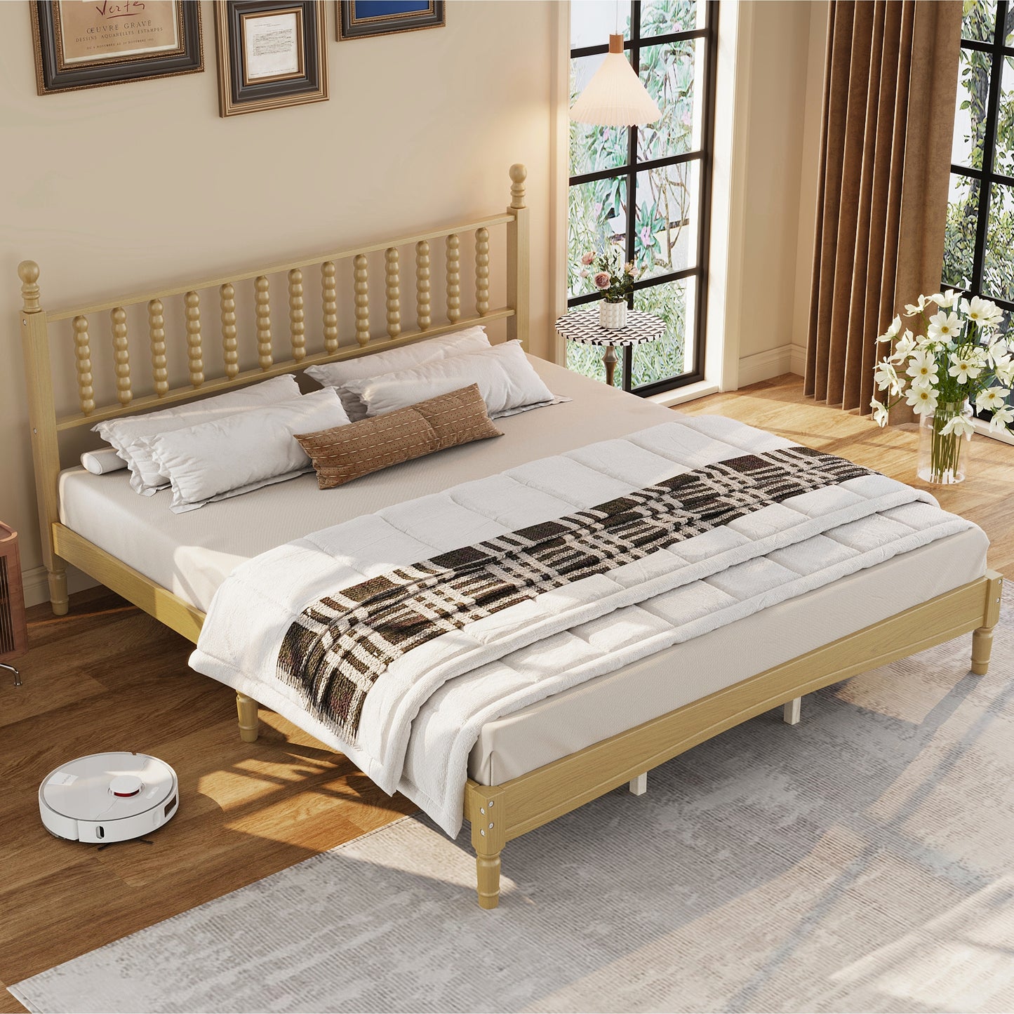 King Size Wood Platform Bed With Gourd Shaped Headboard,Retro Style