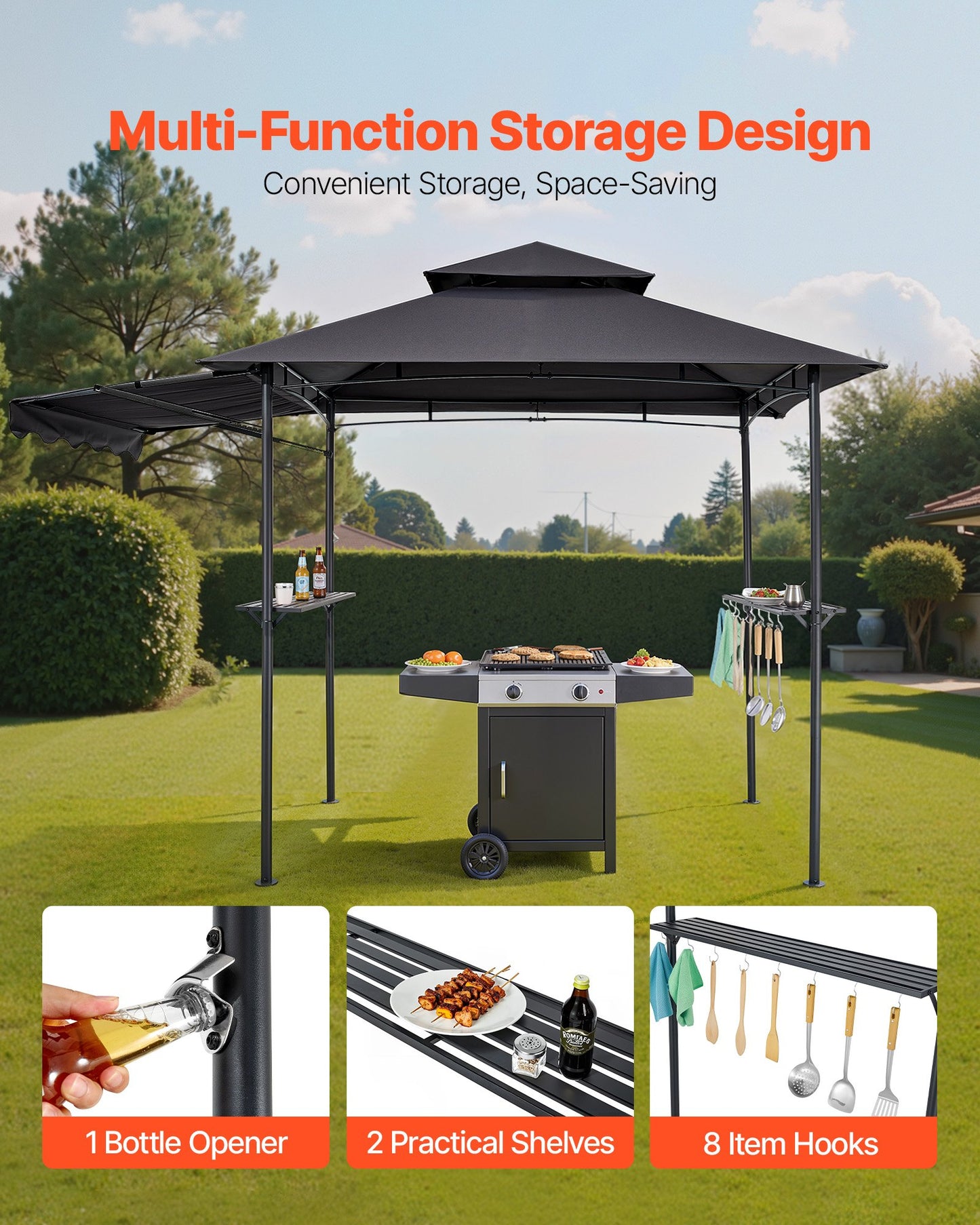 8x5 ft BBQ Gazebo Canopy Shelter with Double-Tiered Roof & Side Awnings