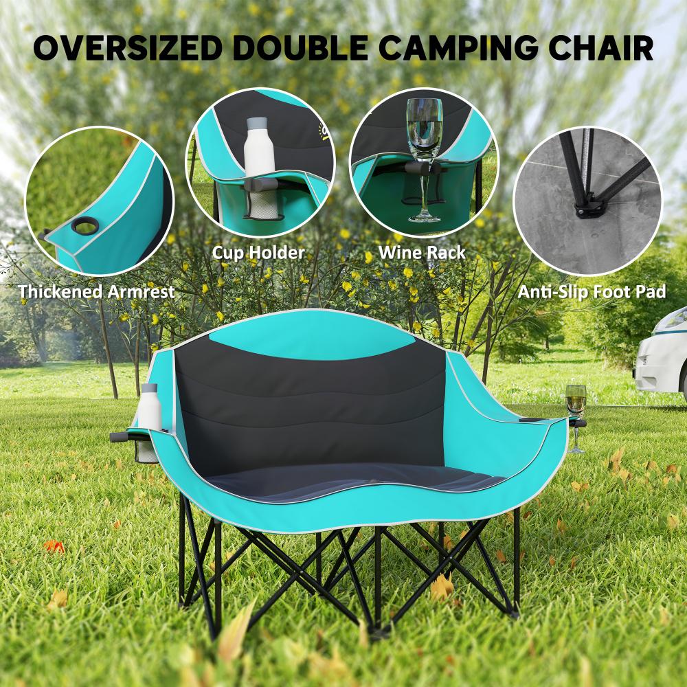 Padded Folding Camp Chair for Adults - Green, Double Seat with Armrests and Cup Holders