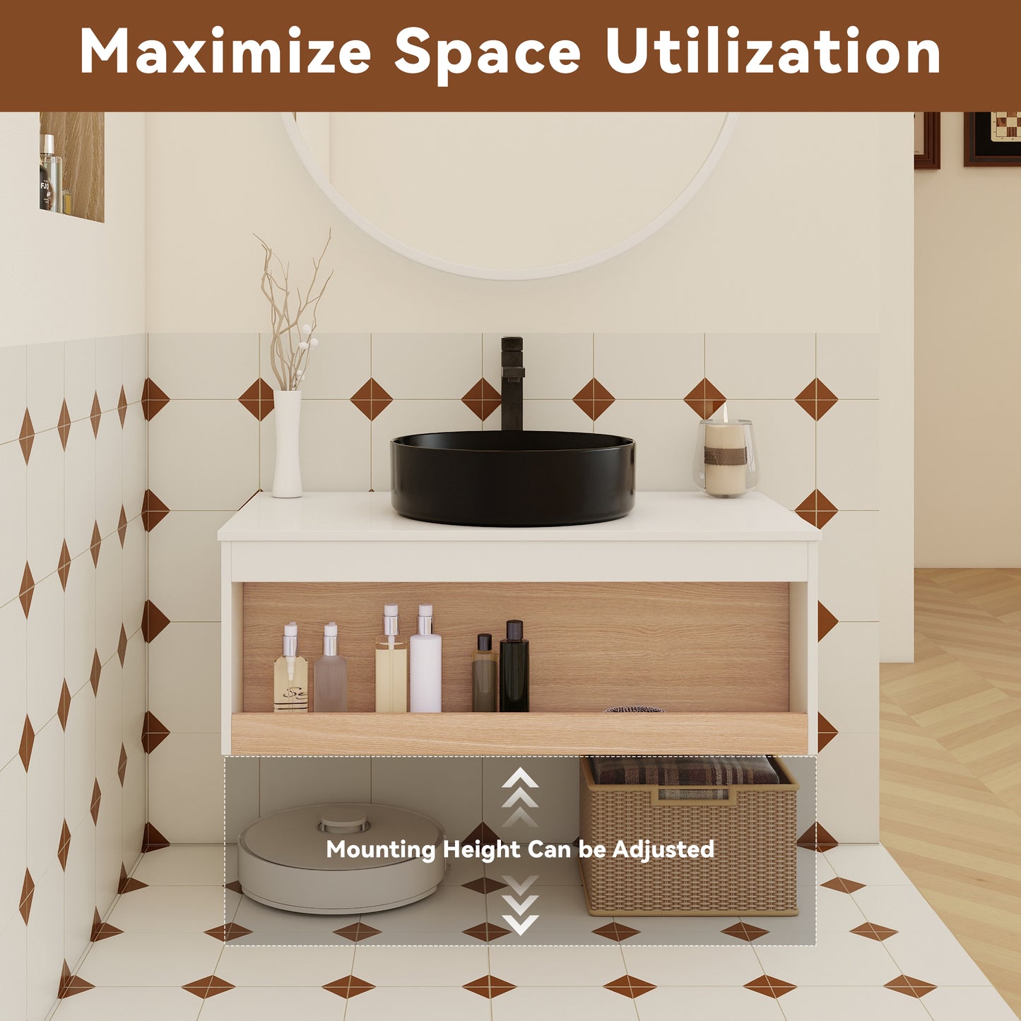 36" Floating Bathroom Vanity with Round Sink & Open Shelf - Black, White, Light Oak