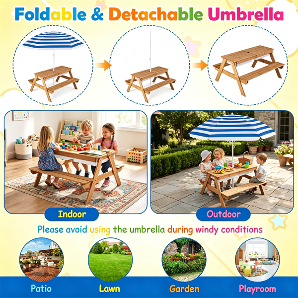 Kids 3-in-1 Picnic Table with Adjustable Umbrella & Storage Boxes - Outdoor Sand & Water Play Set
