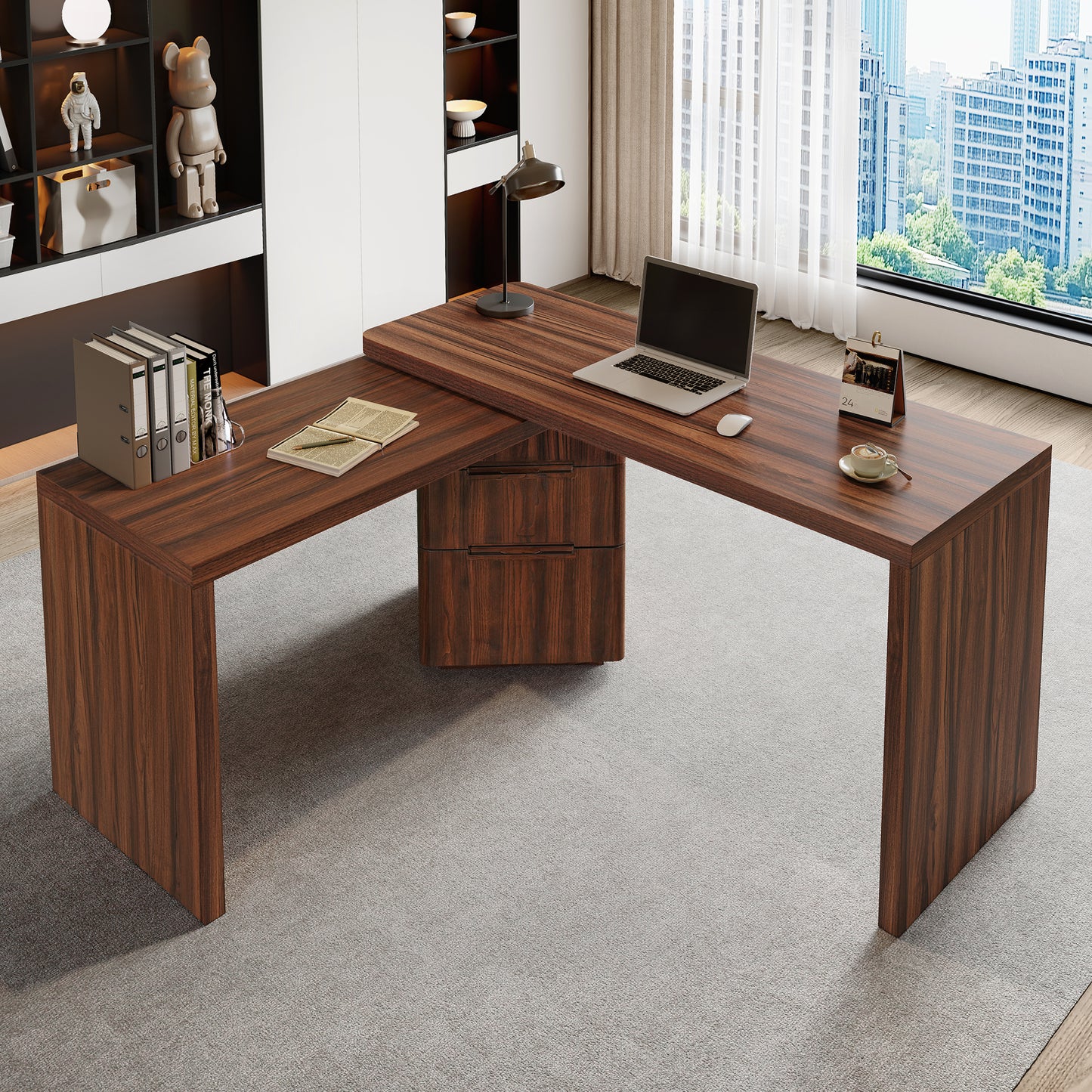 90 Modern L Shaped Desk In Walnut With 3 Drawers,360 Wood Rotating