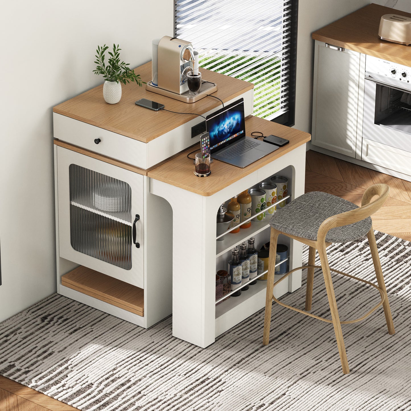 K&K 59.5 Kitchen Island With Extendable Dining Table, Storage Table