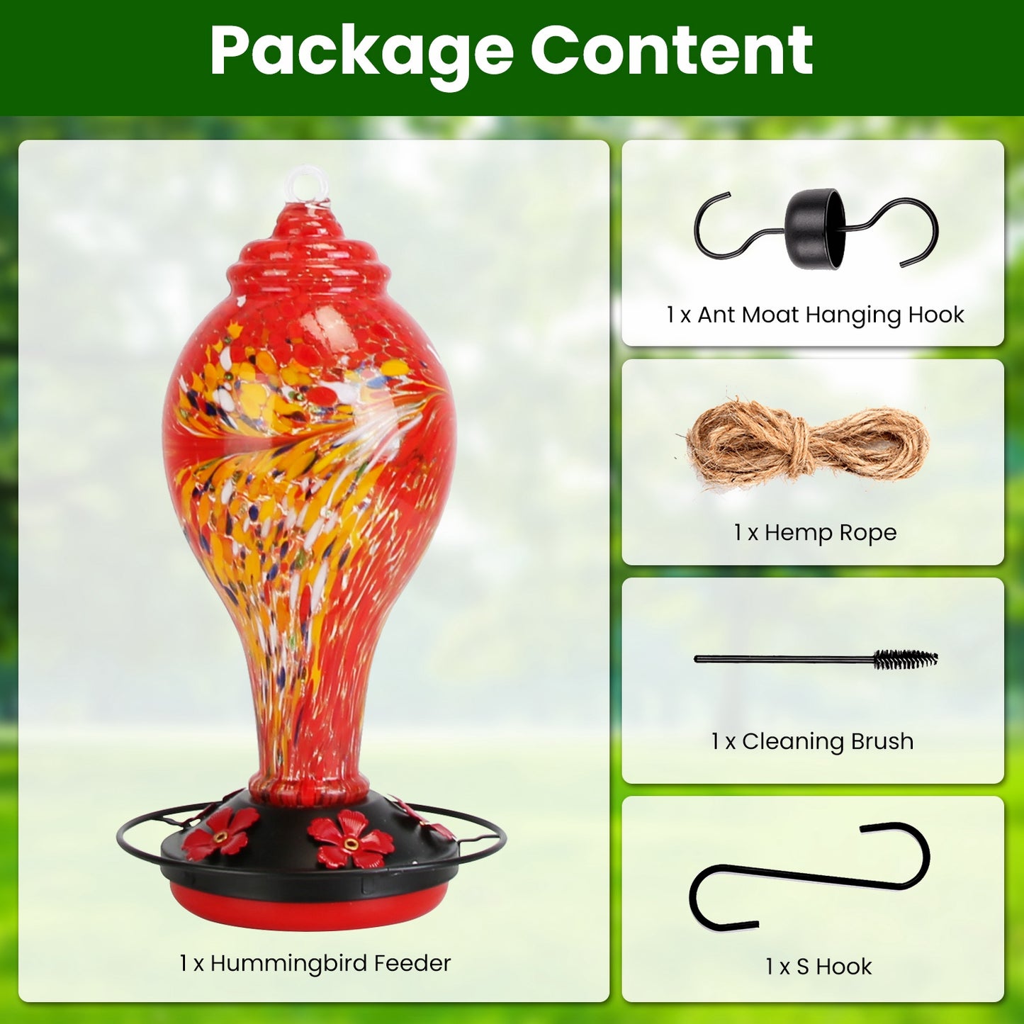 Glass Hummingbird Feeder 33OZ with 5 Flower Feeding Ports & Ant Moat - Garden Decor
