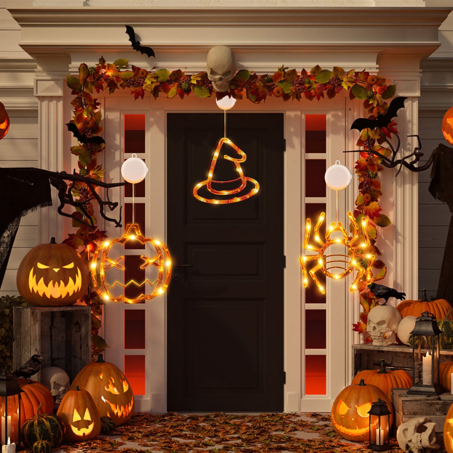Halloween Window Light Decoration Set - 3 Pack with Spider, Witch Hat & Pumpkin