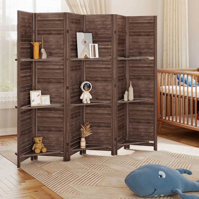 Wood Privacy Screen Room Divider with 3 Shelves - Walnut