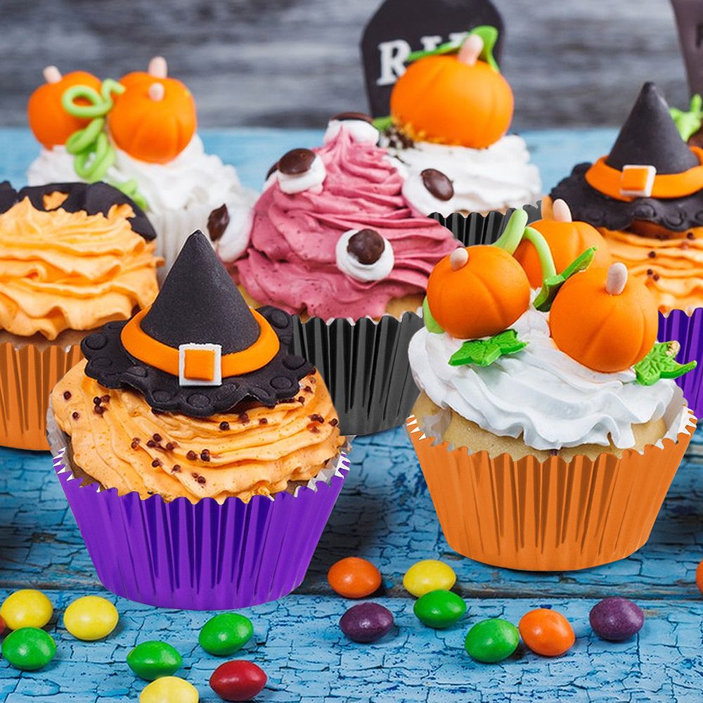 300 Pcs Halloween Foil Cupcake Liners - Black, Purple, Orange