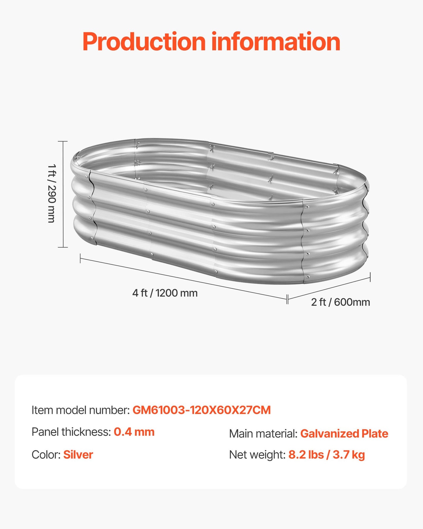 Metal Raised Garden Bed 4x2x1 Ft Oval Outdoor Planter Box Galvanized