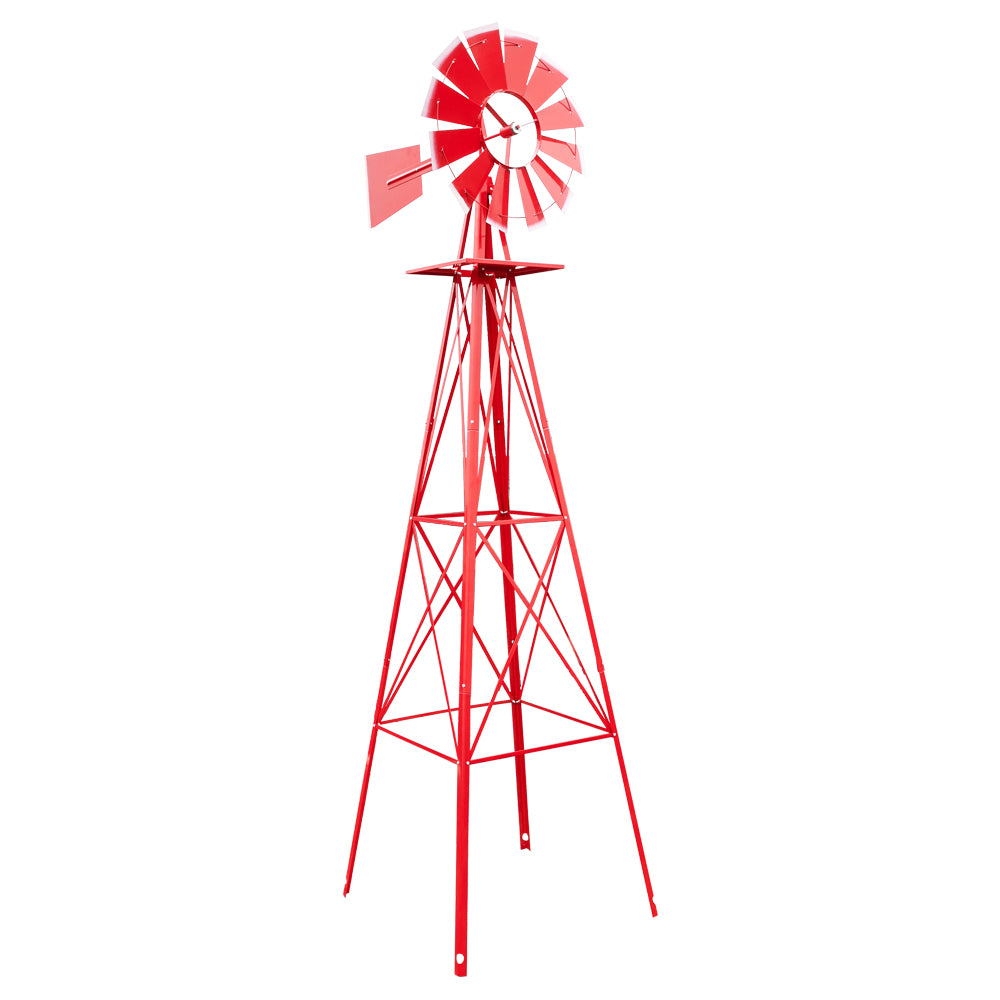 8FT Weather Resistant Garden Windmill with Steel Frame - Red Decorative Windmill for Lawn & Yard