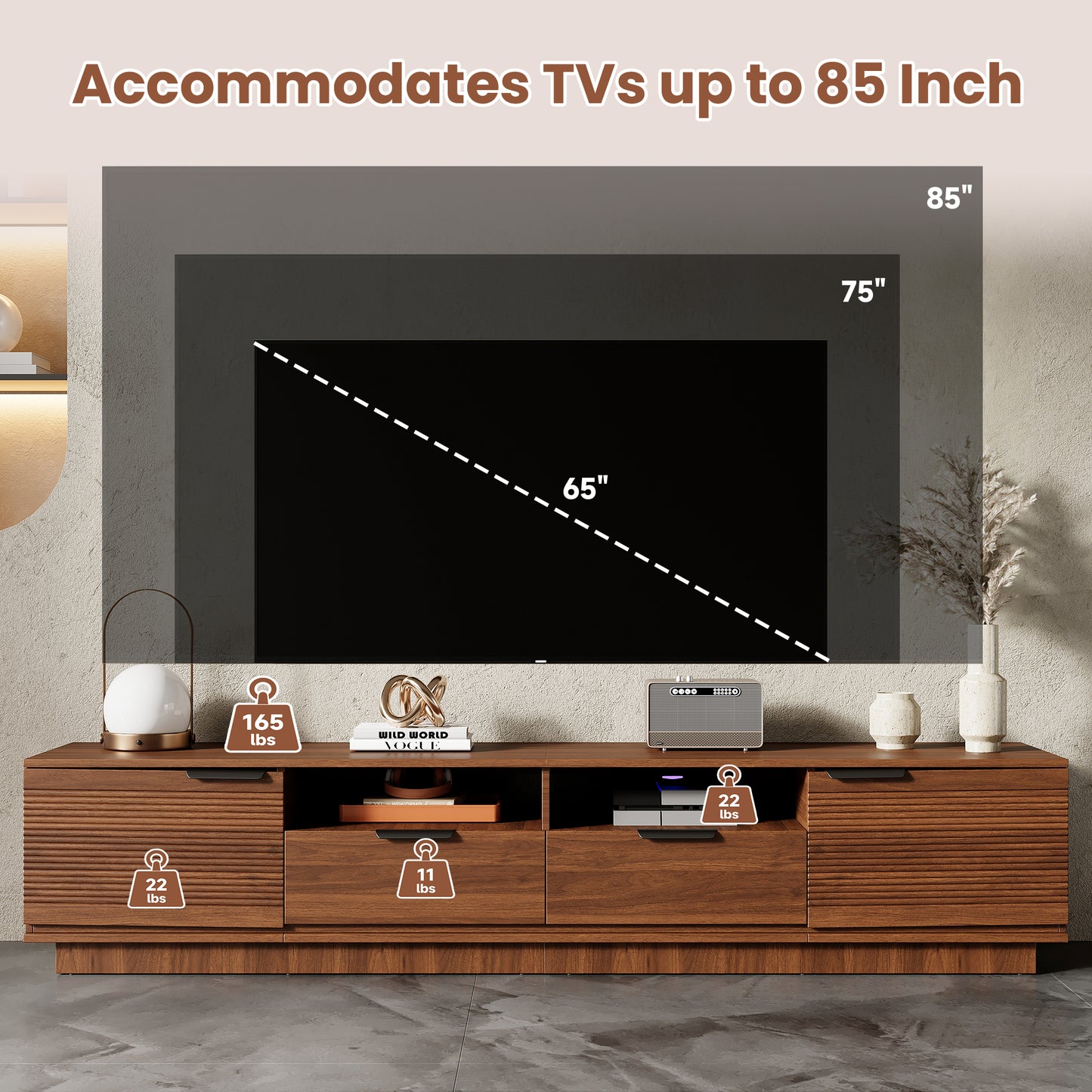 78 Inch Modern TV Stand for 85 Inch TVs - Walnut Finish