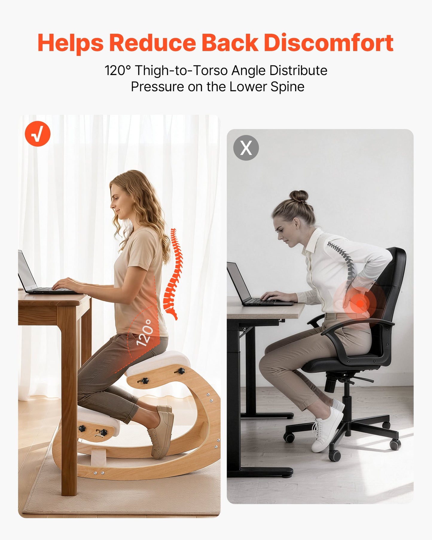 Ergonomic Kneeling Office Chair with Wooden Frame and Adjustable Cushions - Relief for Back and Neck Pain