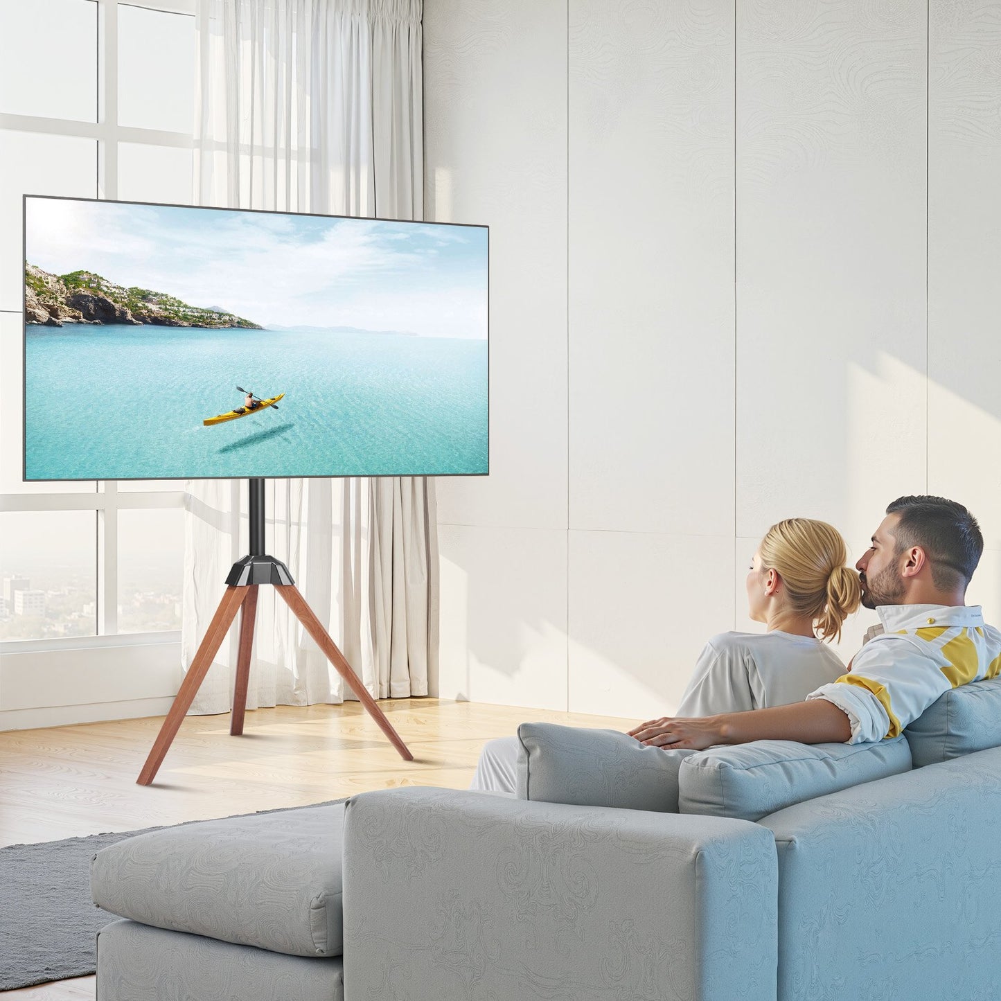 Portable Tripod TV Stand for 40-65 Inch TVs - Oak Wood Legs