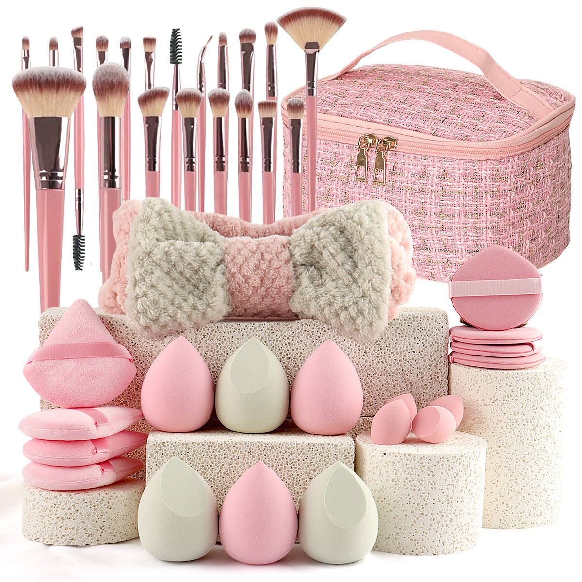 40-Piece Beauty Tool Belt Makeup Set Travel Cosmetic Bag Pink Classic Style