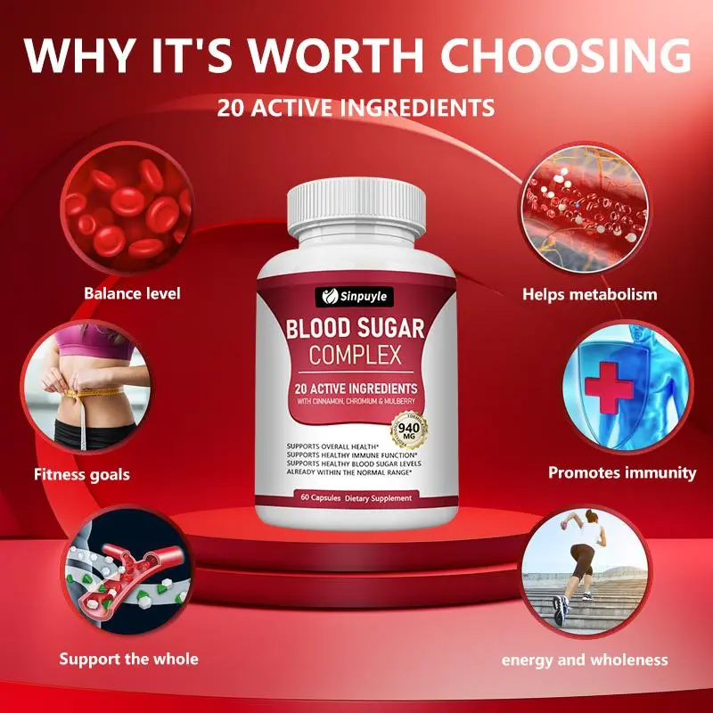 Blood Sugar Complex Supplement - 20 Active Ingredients, 60 Capsules