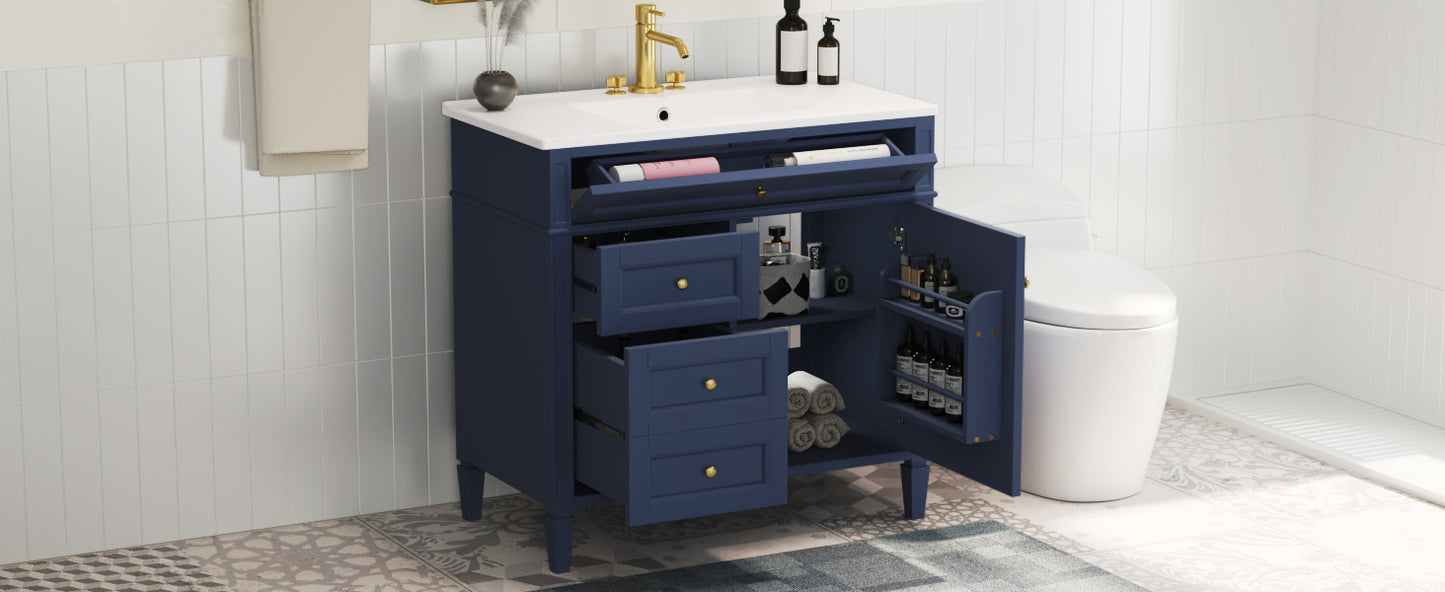 36'' Blue Bathroom Vanity with Ceramic Sink & 3 Drawers