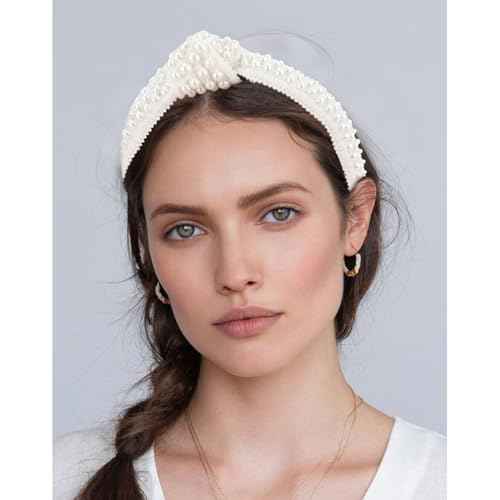 YISSION White Pearl Knotted Headband Beaded Head bands Wide Headbands for women Non Slip Jeweled Embellished Hairband Hair Accessories for Women Girls (Densely Arranged Pearls)