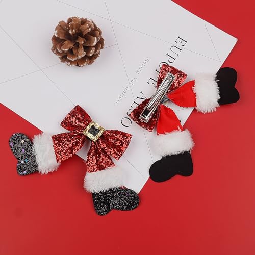 2 Pcs Christmas Hair Clips Santa Boot Hair Barrettes Sparkly Sequin Red Big Bow Christmas Stocking Hairpin Glitter Bows Barrettes Christmas Hair Accessories for Girls Women Xmas Party Gifts