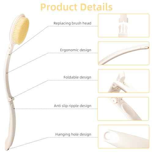 LFJ 19" Long Handle Shower Sponge Brush Set, 3 in 1 Body Brush, Bath Sponge and Lotion Applicator Improved Skin Health, Suitable for Men and Women (White Brush-1P)
