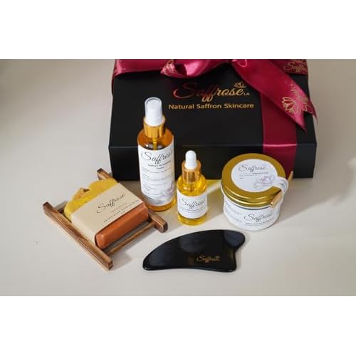 Handmade Saffron Skincare Gift Set, 5pc including Saffron Soap, Bamboo Soap Dish, Saffron Scrub, Saffron & Rose Facial Toner, Facial Oil, & Gua Sha