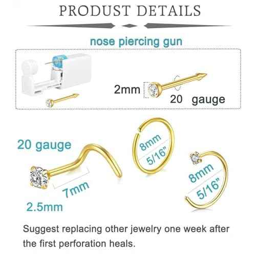 QWALIT 2pack Nose Ring Piercing Kit - Gold Nose Piercing Gun Kit