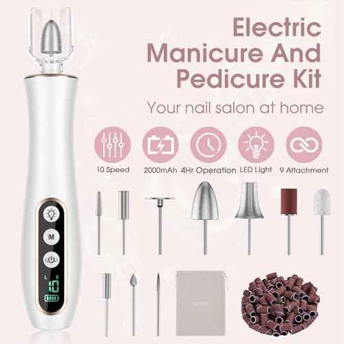 Professional Manicure Pedicure Kit, Cordless Electric Nail Drill with 360¡Æ LED light&10 Speeds, Rechargeable Pedicure Tools for feet, Hand Foot Care Nail Drill for Thick Nail Toenail Cuticle Women Men