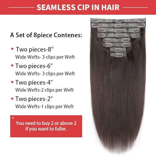 Seamless Clip in Hair Extensions Human Hair 120g 8pcs Straight Dark Brown Clip in Hair Extensions for Women 100% Remy Human Hair Extensions(20inch,#2 Dark Brown)