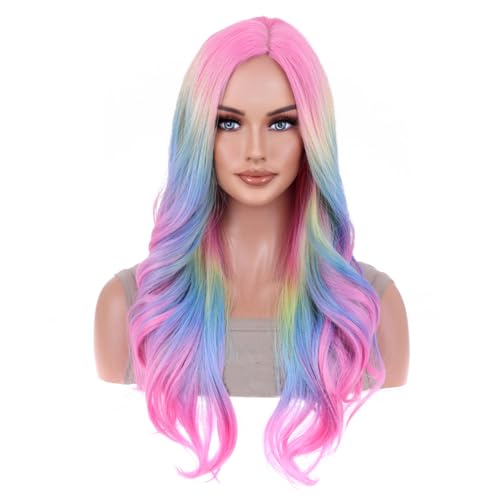 ANESHE Rainbow Ombre Wigs Colorful Ombre Wavy Wig for Women Long Curly Heat Resistant Synthetic Hair Wigs for Cosplay Party