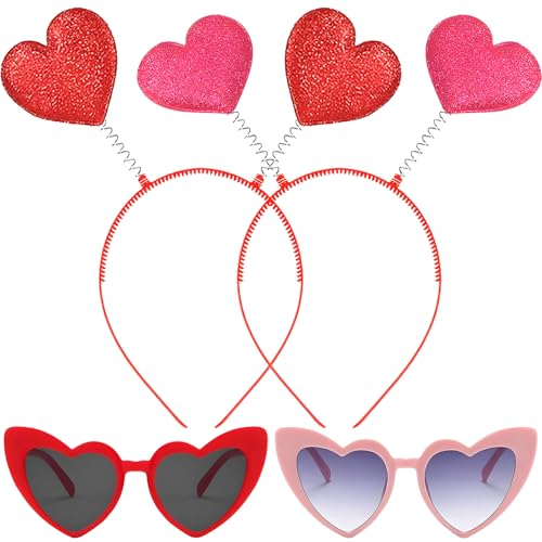 Valentines Headbands for Women - Valentines Heart Headband and Valentines Day Glasses - Glitter Heart Headbands for Valentines Day Decorations for Party - Valentines Clothes for Women (4Pack)