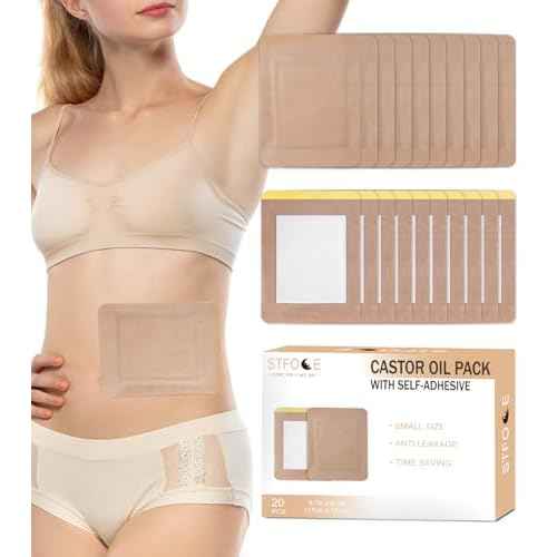 20pcs Castor Oil Pack Wrap, Portable Self-Adhesive, Disposable Castor Oil Pack Organic Cotton for Stomach, Liver, Belly & Entire Body, No Leaks, No Irritation, Stick Overnight (Kahaki)