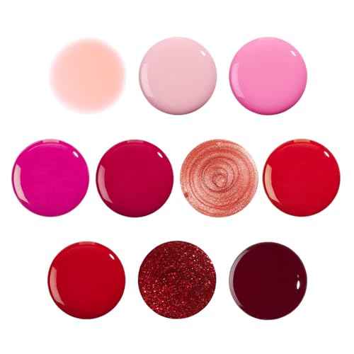 Holler and Glow Reds Miniature Nail Polish Holiday Gift Set, Mini Size, Limited Edition, Base Coat, Top Coat, High Shine, Glossy, Long Wearing, Quick Dry, Teen Girl Gifting, 10 Piece Set