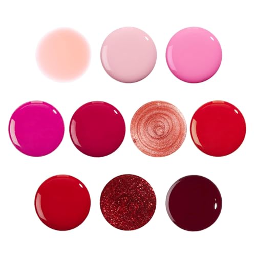 Holler and Glow Reds Miniature Nail Polish Holiday Gift Set, Mini Size, Limited Edition, Base Coat, Top Coat, High Shine, Glossy, Long Wearing, Quick Dry, Teen Girl Gifting, 10 Piece Set