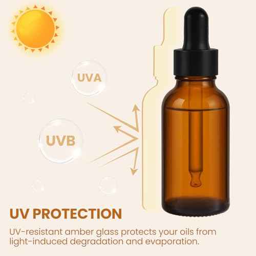 50 Pack 1oz Amber Glass Dropper Bottles Leakproof with Funnels, Eye Droppers, Extra Caps, Labels - Refillable UV 30ml Empty Bottles for Tinctures, Essential Oils, Perfume, Beard, Hair Oil